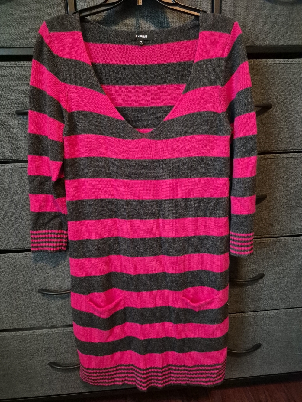 Express Hot Pink and Charcoal Striped V-Neck Sweater Dress